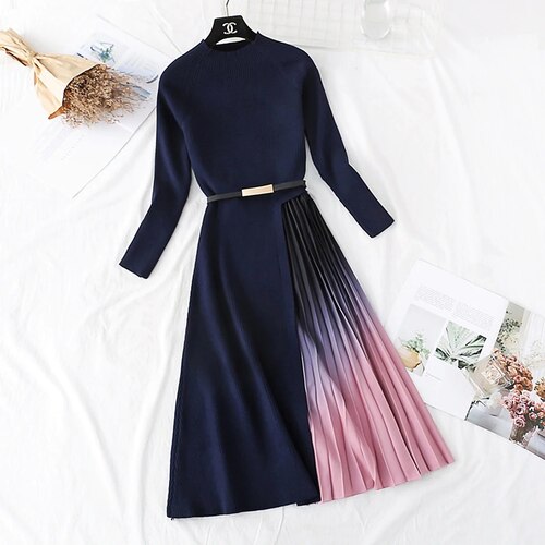 ECOWISH Women's Patchwork Sweater Dress 2025 – Knit Top & A-Line Midi Skirt | Long Sleeve Casual Outfit